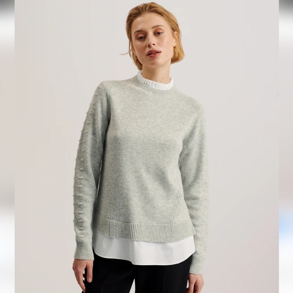 Ted Baker Lissiah Mock Shirt Wool and Cashmere Grey Sweater Size Ted 2 Or U.S 4